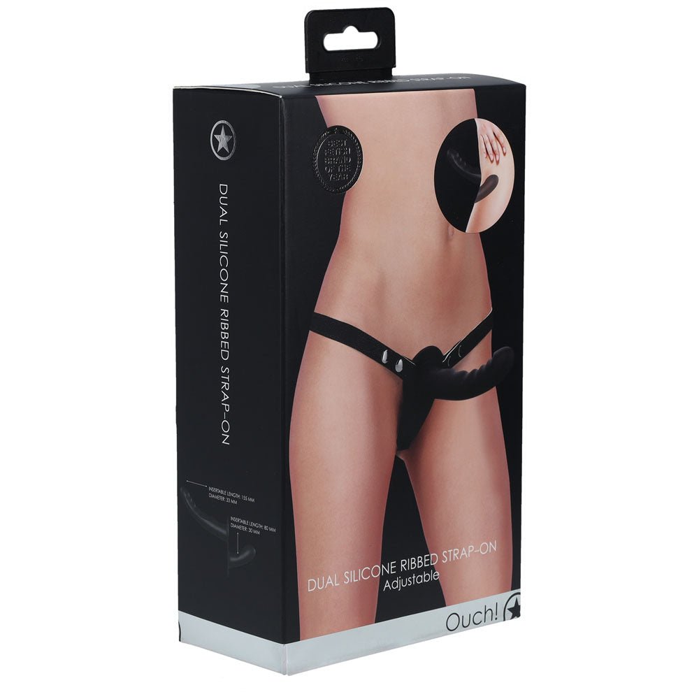 OUCH! Dual Silicone Ribbed Strap - On Dildo - Black - Mr and Mrs D's