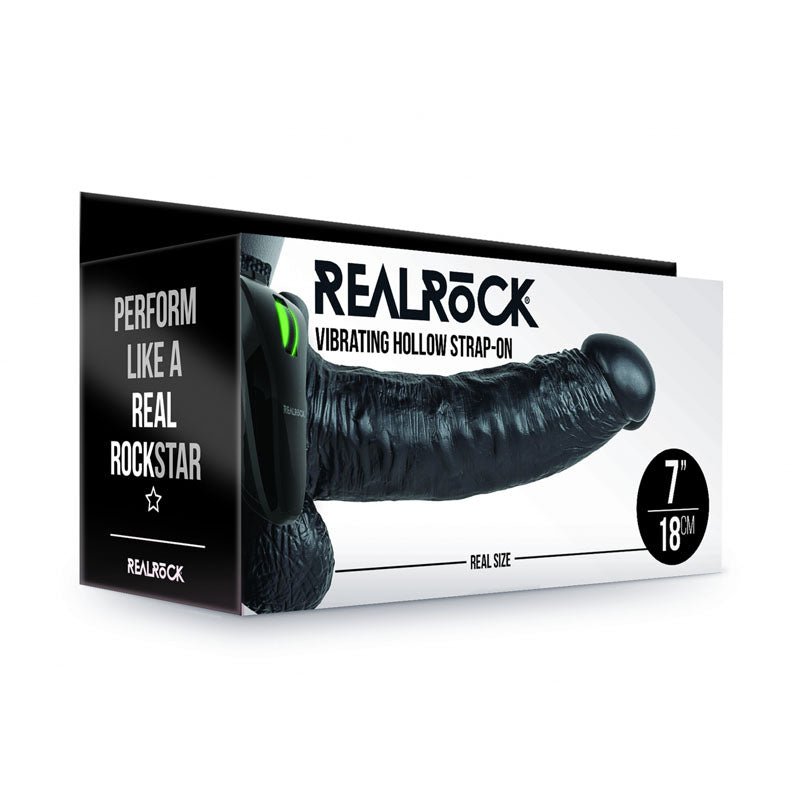 REALROCK Vibrating Hollow Strapon + Balls - 18cm Black - Mr and Mrs D's